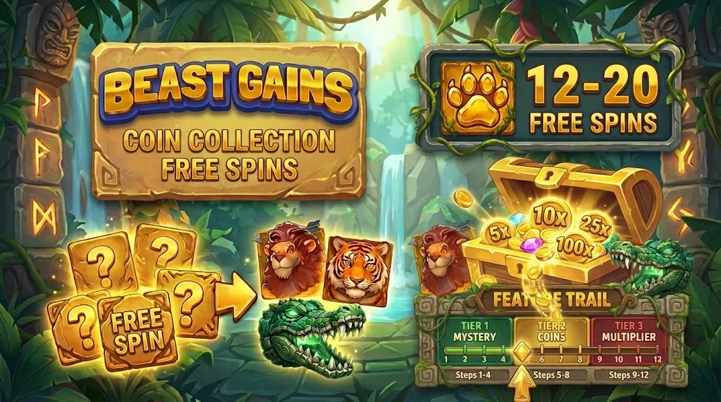 Beast Gains Coin Collection Free Spins — Münzen mit Geldwerten werden von Collectoren eingesammelt