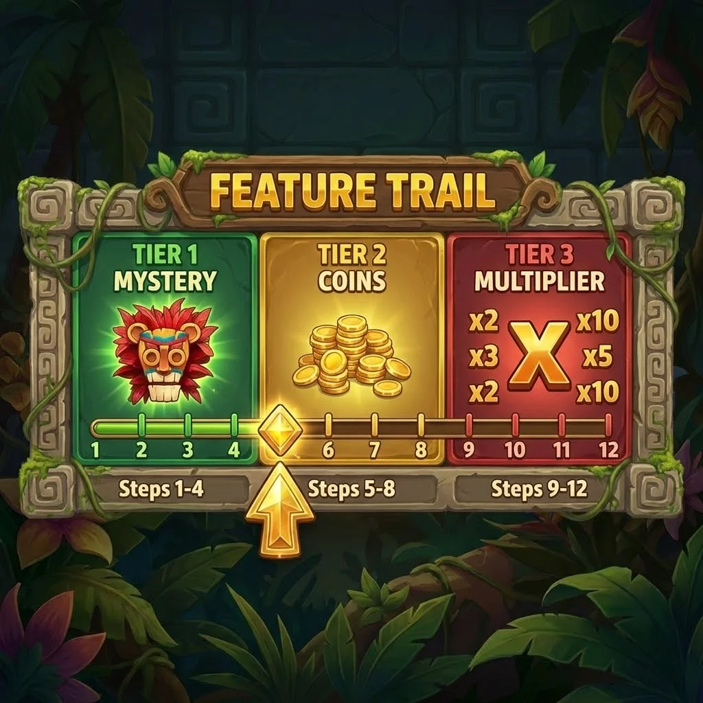 Beast Gains Feature Trail Fortschrittsbalken — Stufe 1 Mystery, Stufe 2 Münzen, Stufe 3 Multiplikator